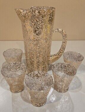 Vintage Hand Made West Virginia Glass Splatter Pitcher And 5 Glasses